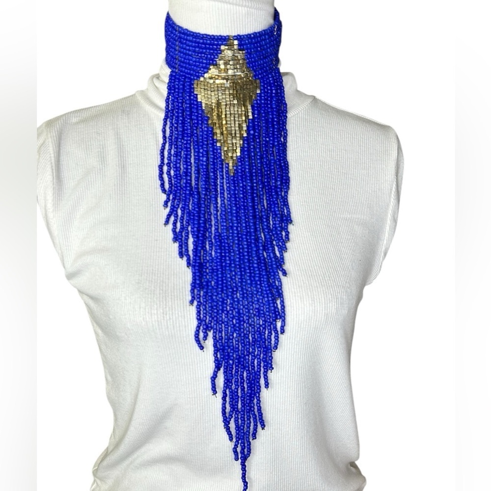Vintage Handmade Native American Seed Bead Ceremonial Collar Necklace Blue Gold